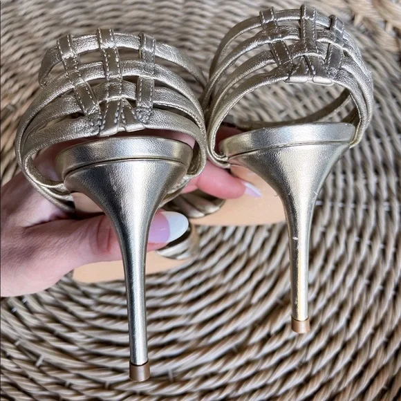 Casadei Gold Leather Strappy Woven Heeled Sandals - Picture 6 of 13